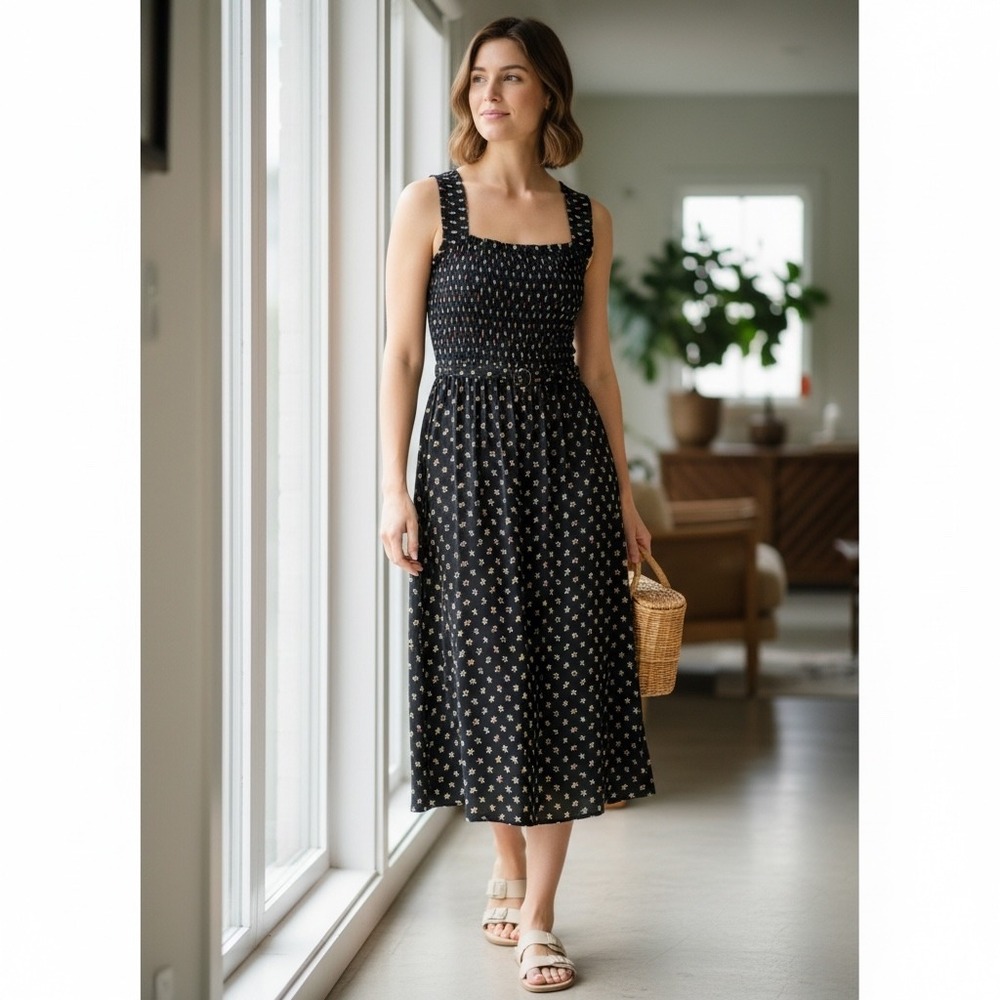 Boden Black Floral Smocked Midi Dress Square Neck Cross Back Feminine 14R